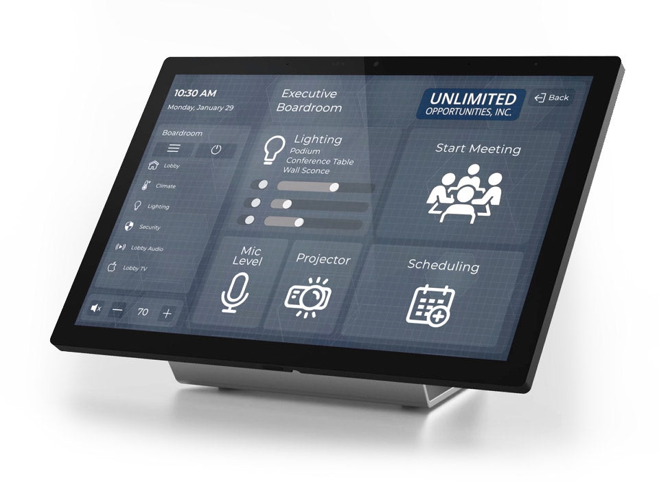 RTI IST-10 tabletop touchpanel displaying lighting, projector and meeting controls