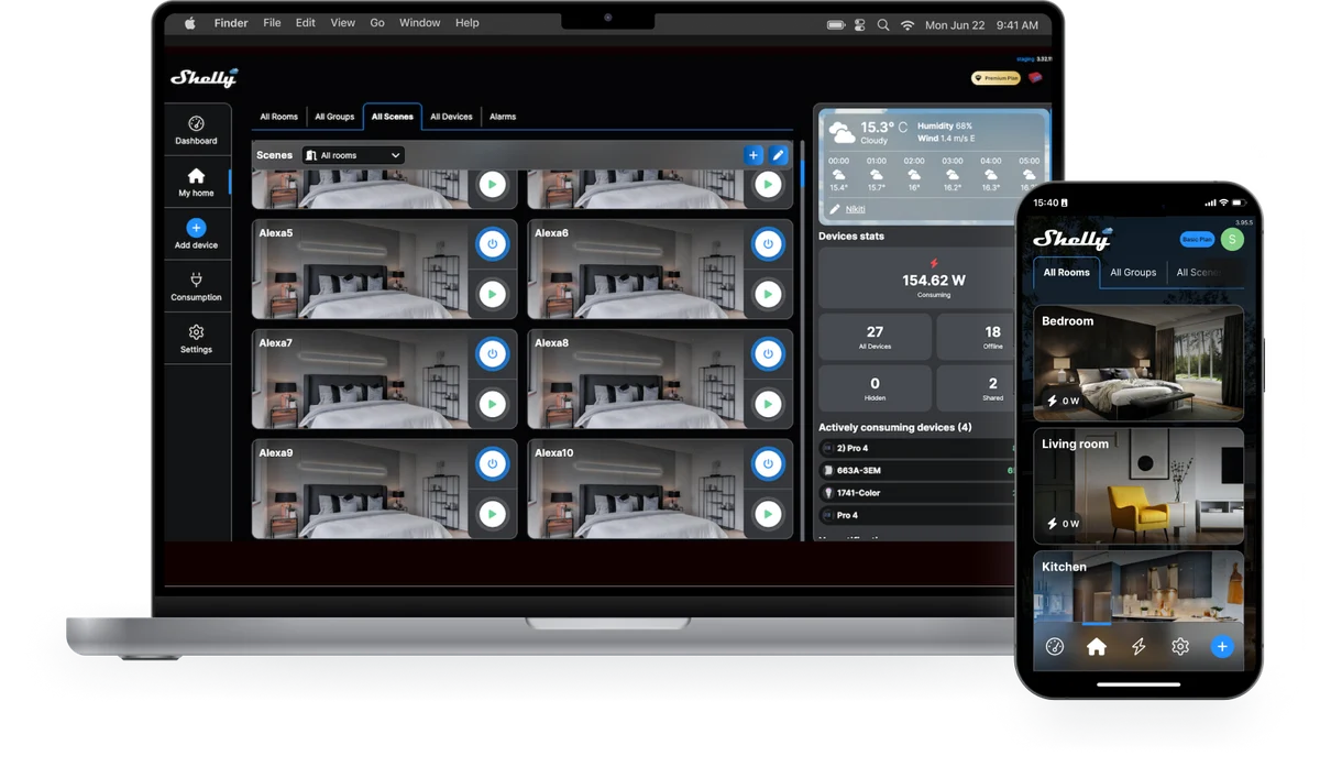 Shelly Smart Control on a laptop and phone showing rooms, device controls and energy use